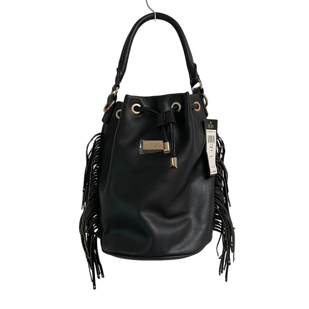 BCBG Paris fringe bucket bag black vegan drawstring shoulder convertible NEW